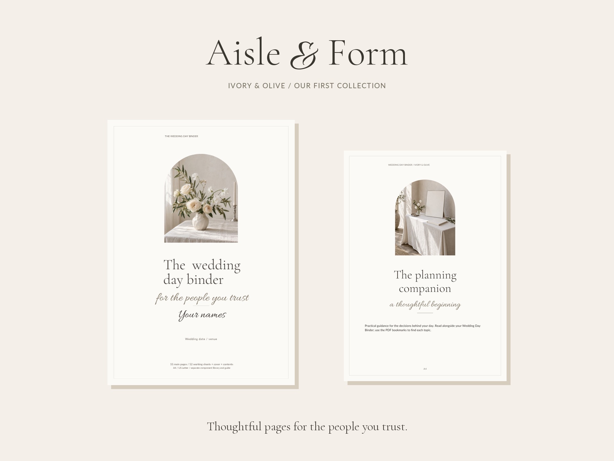 Ivory and Olive collection preview: the Wedding Day Binder and matching Planning Companion with warm ivory covers and botanical imagery.