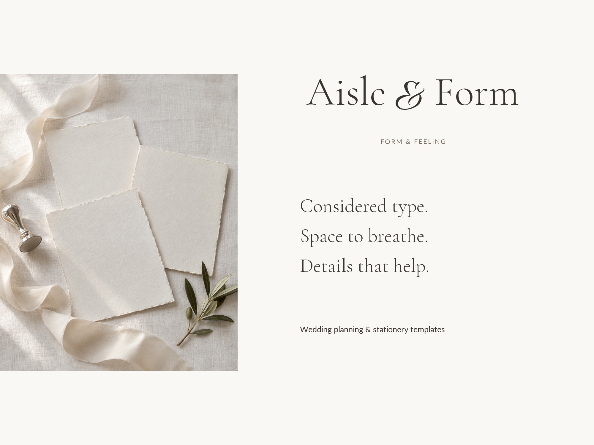 Close-up preview of Aisle and Form planning page design, showing restrained typography and warm neutral colours.
