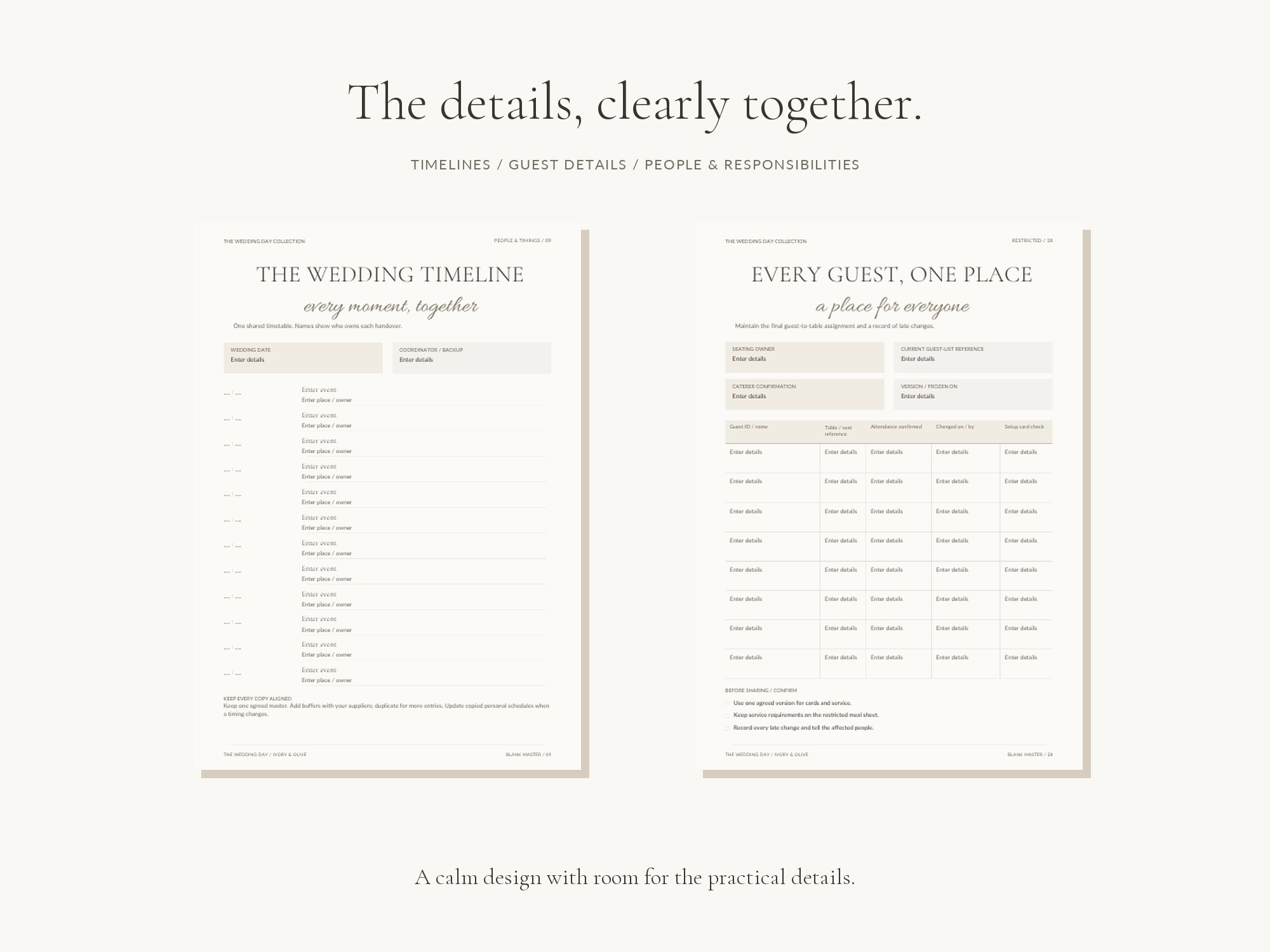 Preview of a wedding timeline worksheet and guest seating record with clear tables and space for practical details.